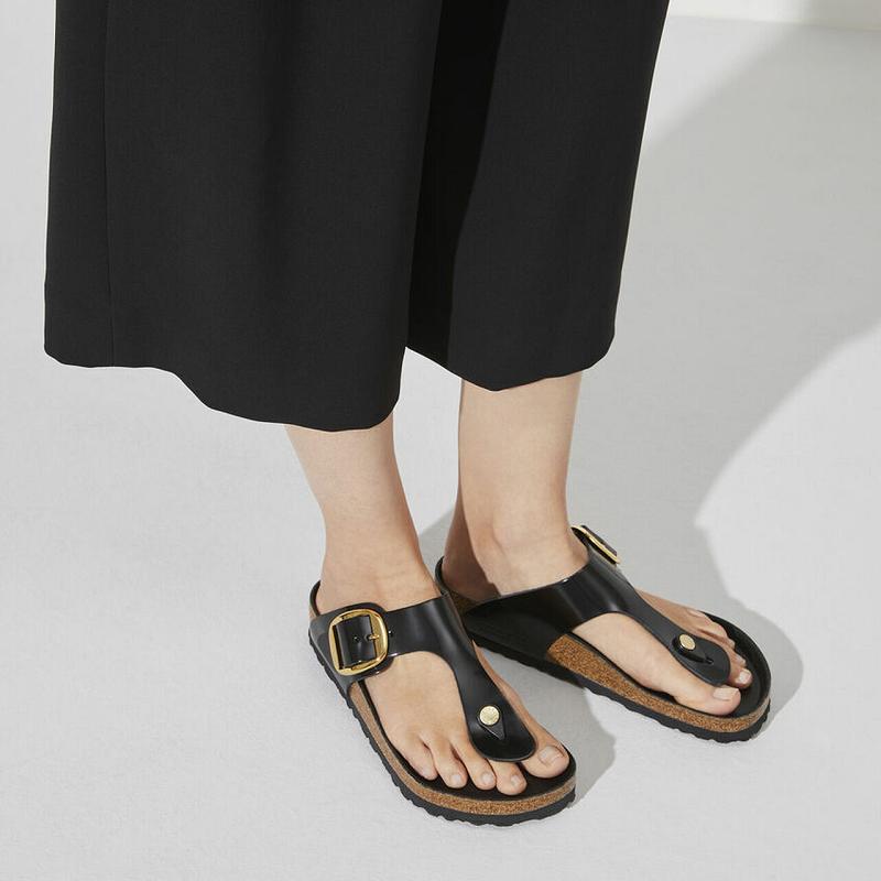 Birkenstock Big Přezkou Natural Lak Læder Gizeh Dame Sort | DK 424TCE